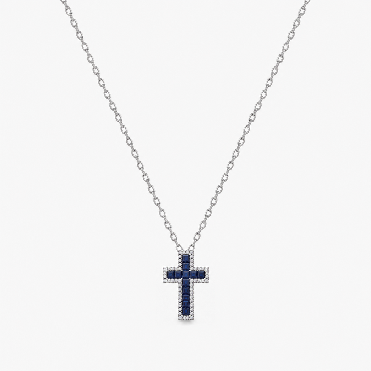 Pandantiv cruce din aur alb 18K cu safire și diamante (fără lanț)