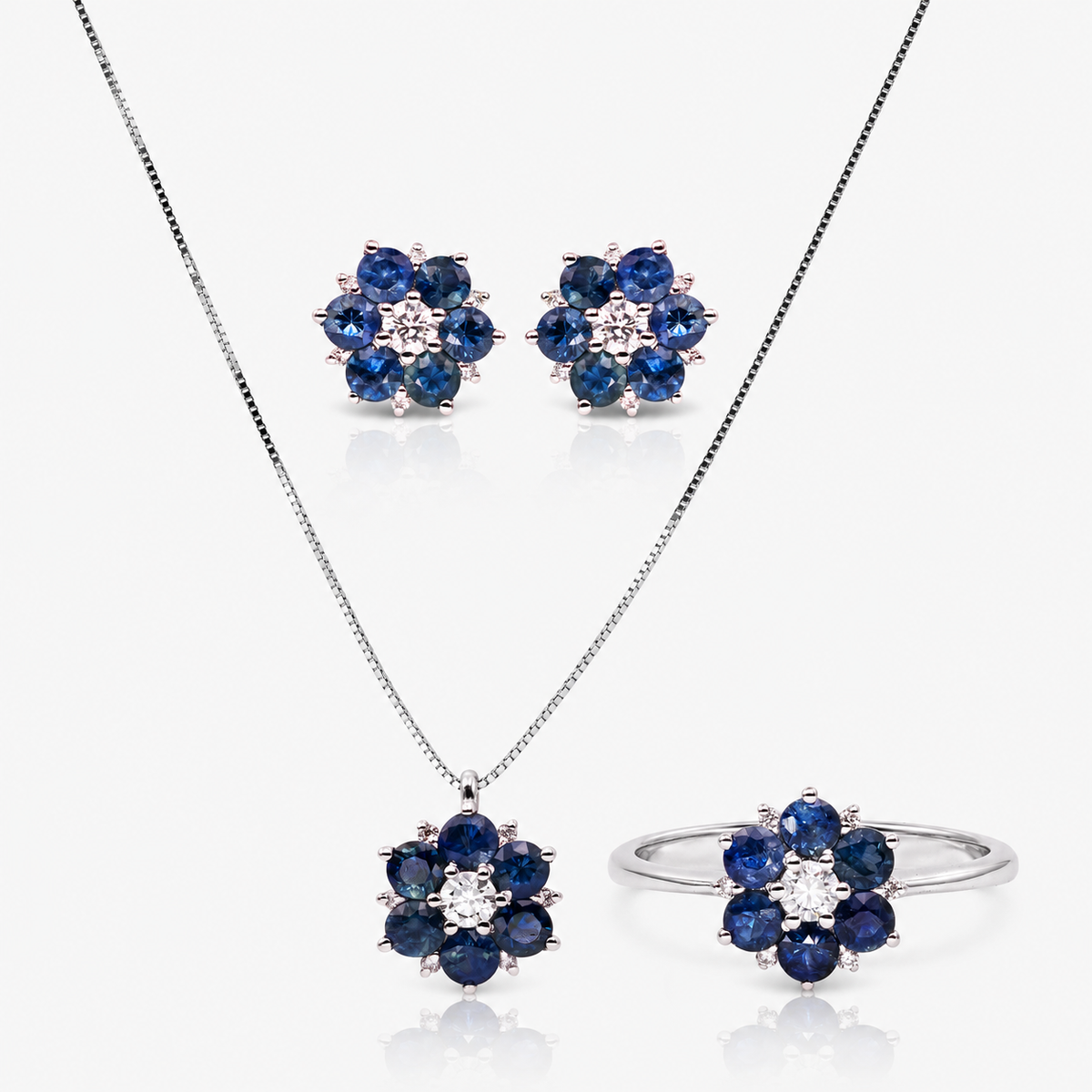 Set cercei, colier și inel din aur 18K cu safire și diamante – Floare