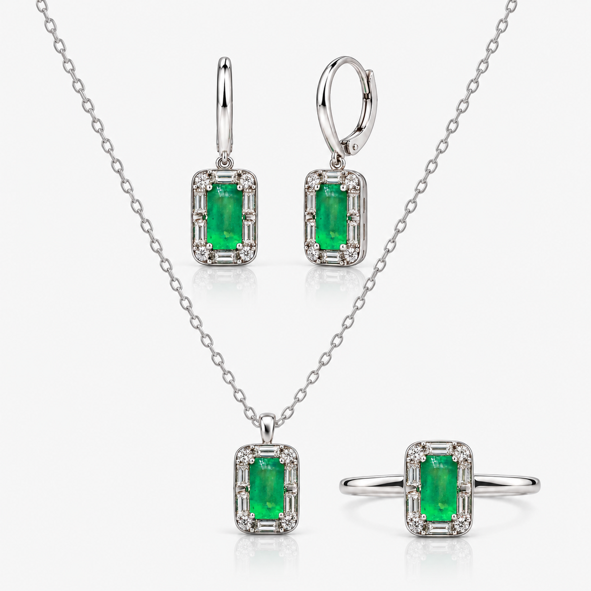 Set cercei, colier și inel din aur 18K cu smaralde și diamante – Dreptunghi Vertical