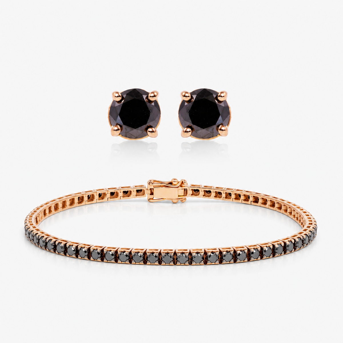Set cercei și brățară din aur roz 18K cu diamante negre – Spotlight Black · Tennis 2,00 ct