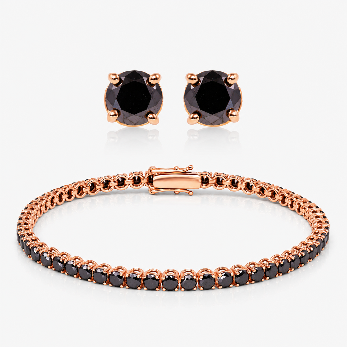 Set cercei și brățară din aur roz 18K cu diamante negre – Spotlight Black · Tennis 6,80 ct