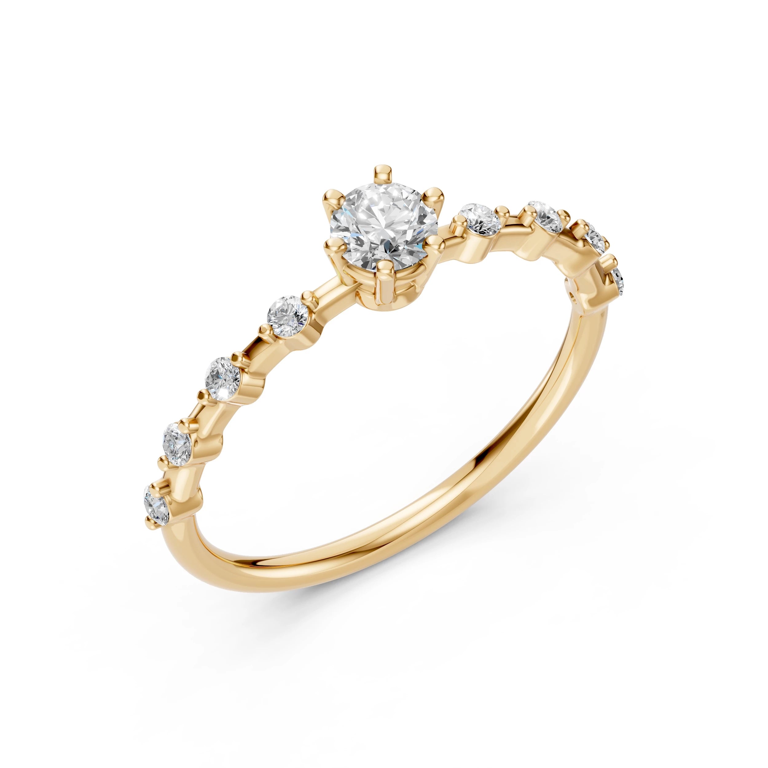 Inel de Logodnă din Aur cu Diamant Central și Diamante Laterale Rotunde 0.46 CT