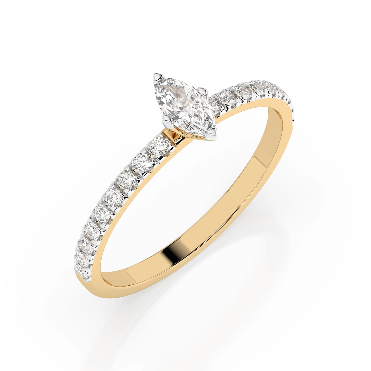Inel de Logodnă din Aur cu Diamant Central Marquise și Diamante Laterale 0,28 CT
