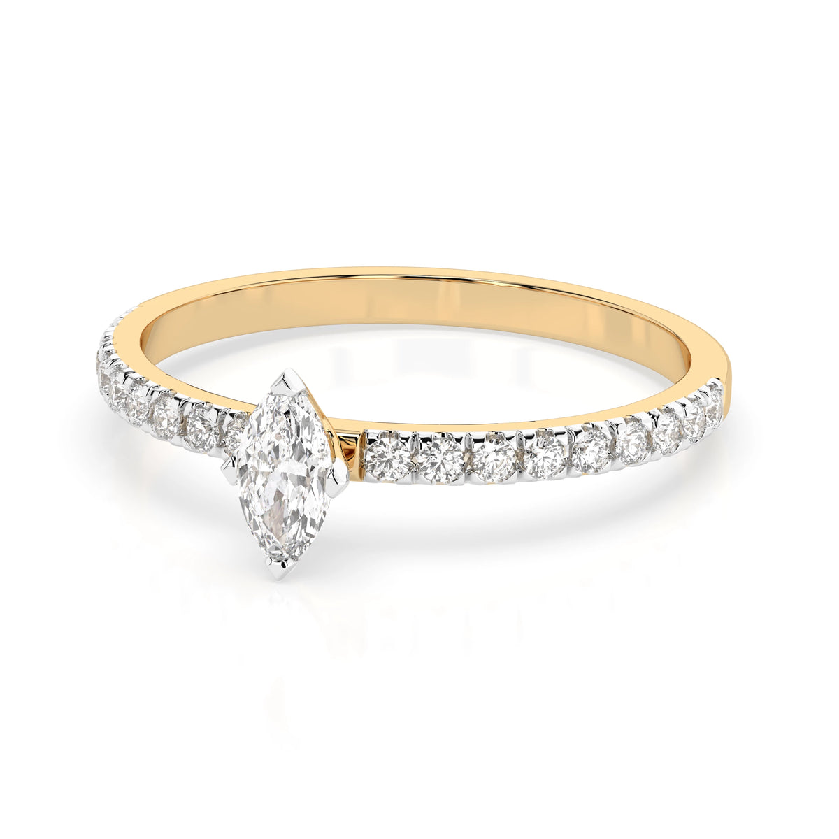 Inel de Logodnă din Aur cu Diamant Central Marquise și Diamante Laterale 0,28 CT