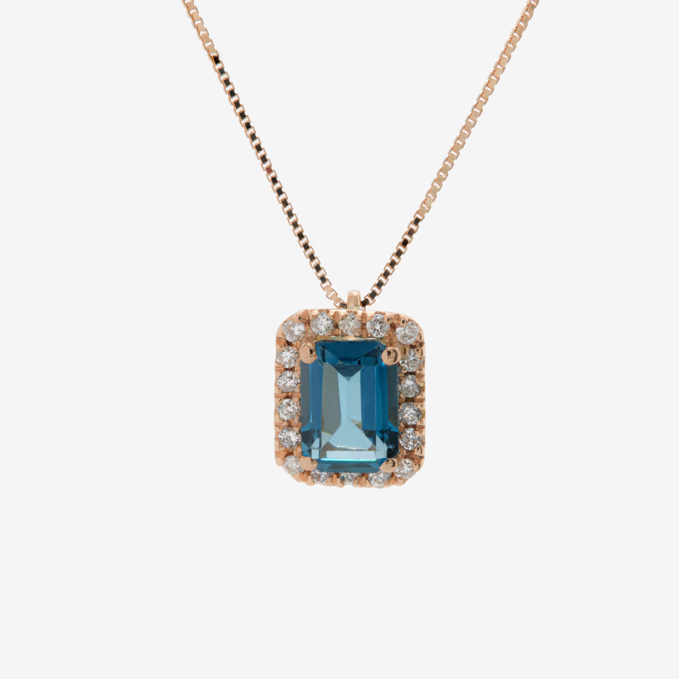 Rose gold necklace with blue topaz and diamonds