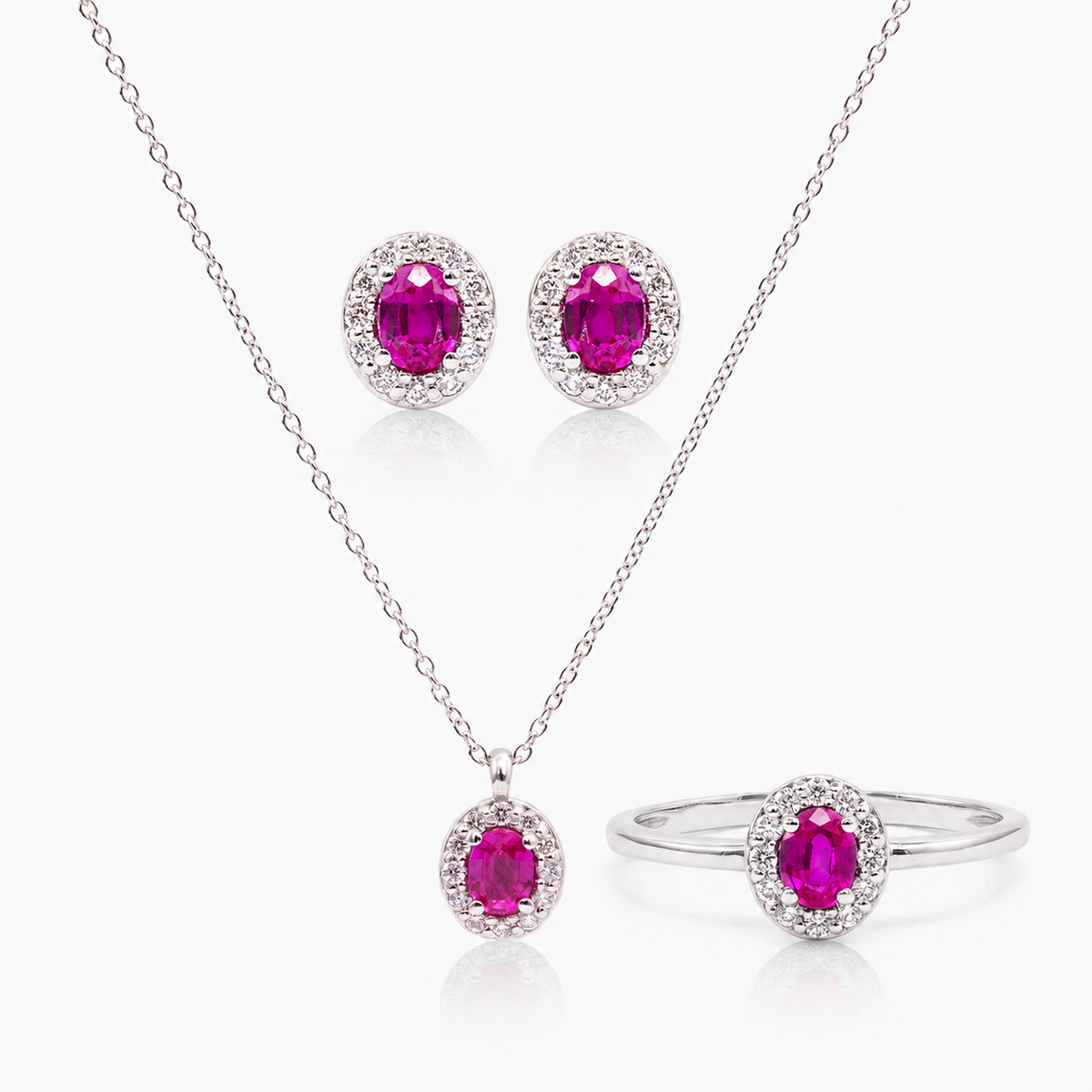 Set cercei, colier și inel din aur 18K cu rubine și diamante – Halo Oval