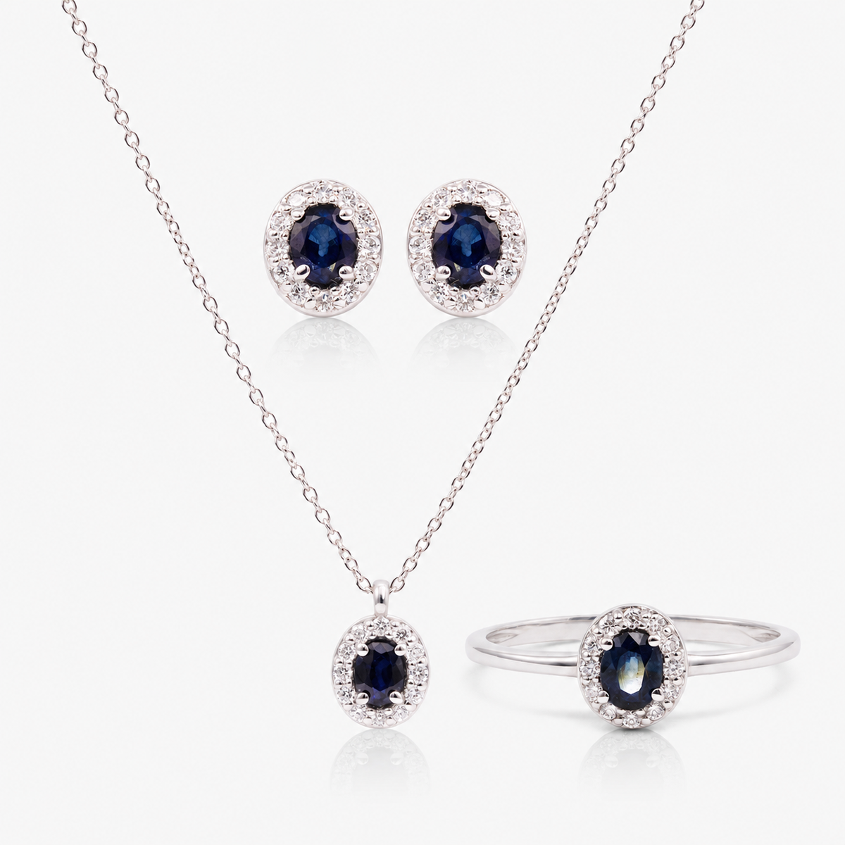 Set cercei, colier și inel din aur 18K cu safire și diamante – Halo Oval