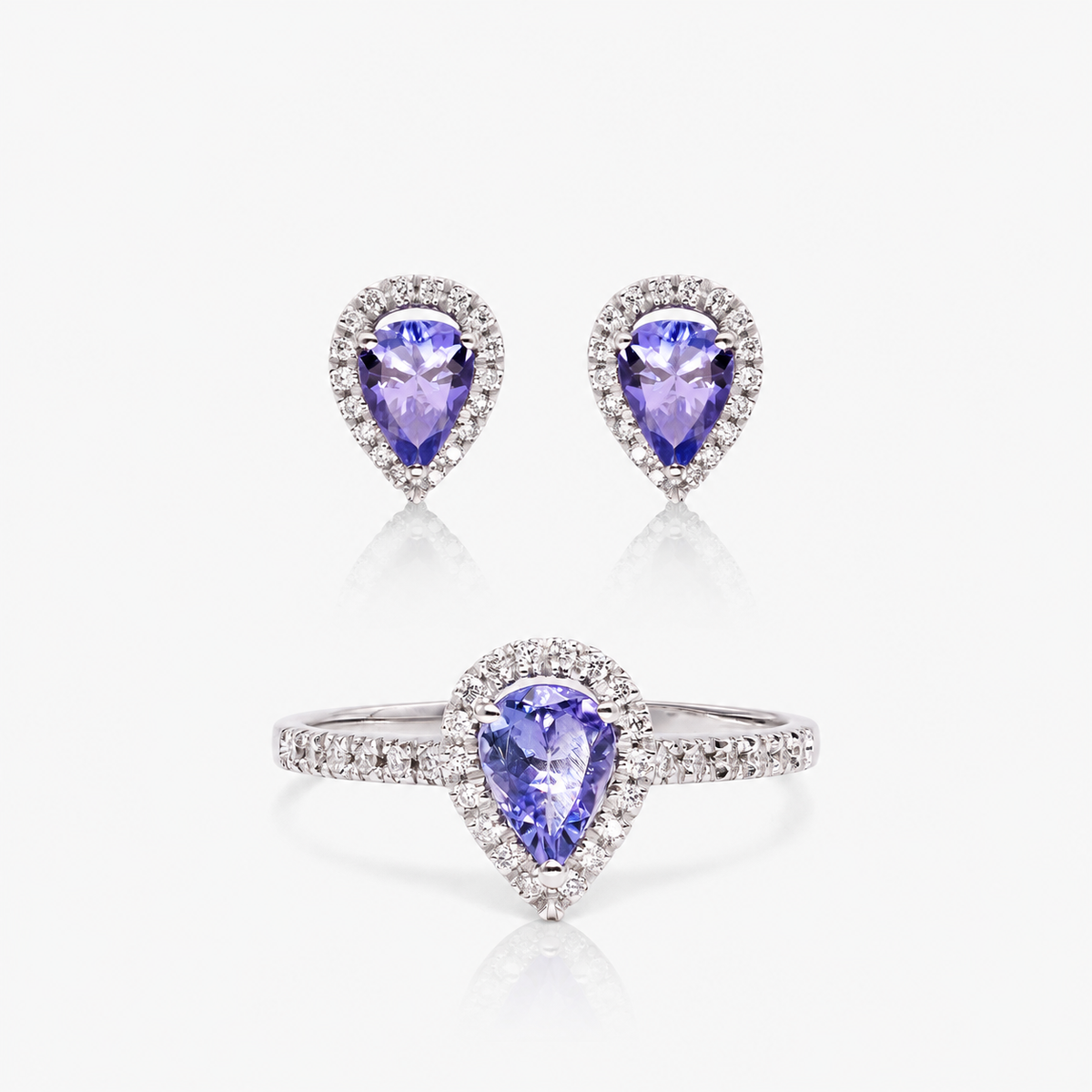 Set cercei și inel din aur 18K cu tanzanite și diamante – Pear Shape cu Halo
