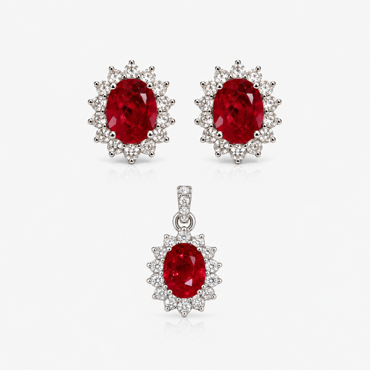 Set cercei și pandantiv din aur 18K cu rubine și diamante – Oval cu Contur Radiant