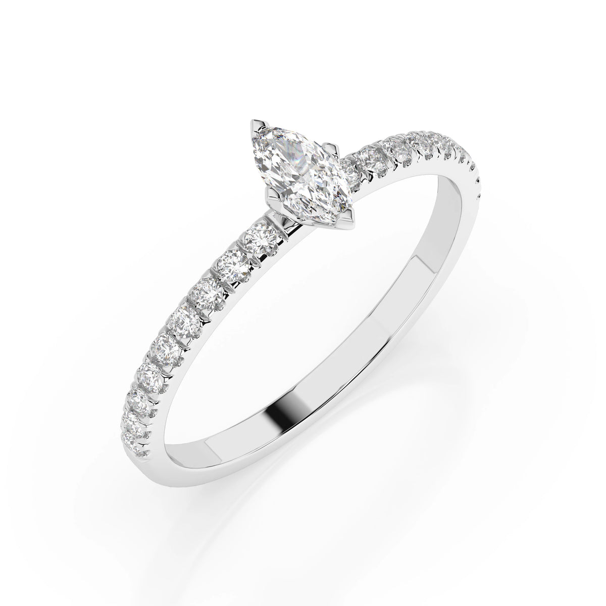 Inel de Logodnă din Aur cu Diamant Central Marquise și Diamante Laterale 0,28 CT