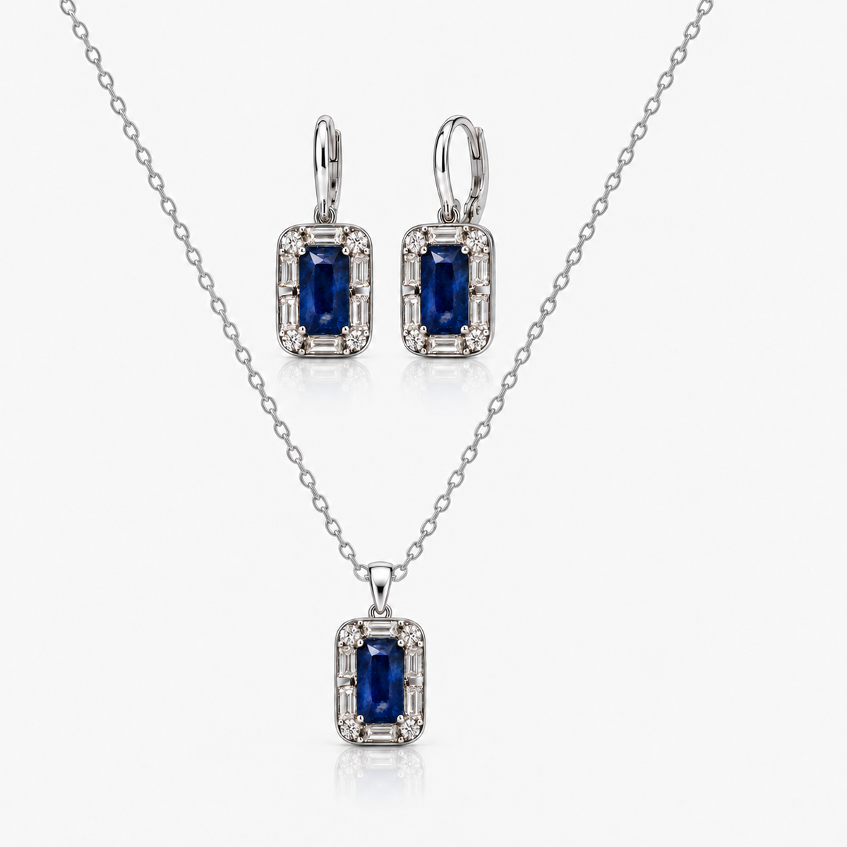 Set cercei și colier din aur 18K cu safire și diamante – Dreptunghi Vertical