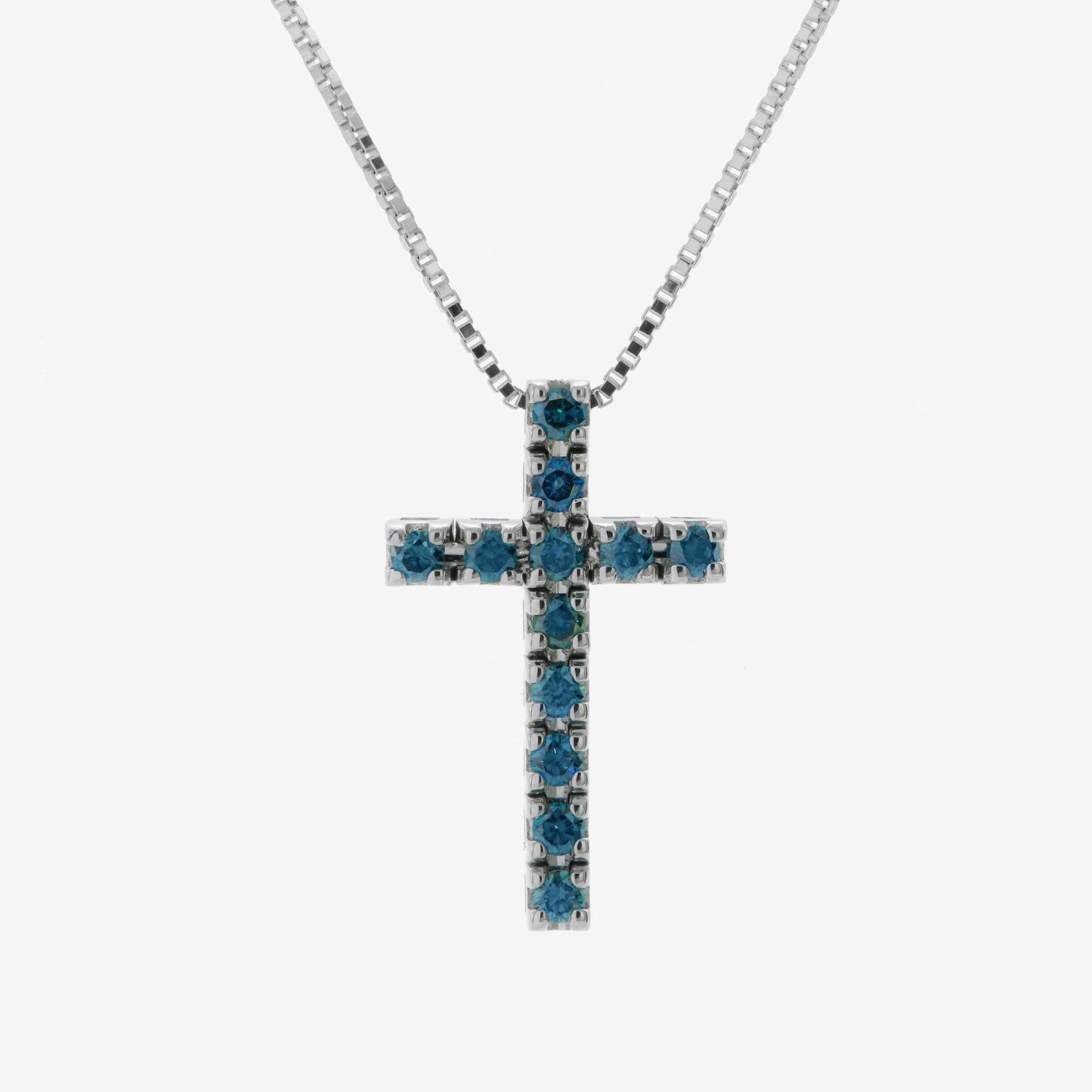 White gold cross necklace with blue diamonds 0.20 ct