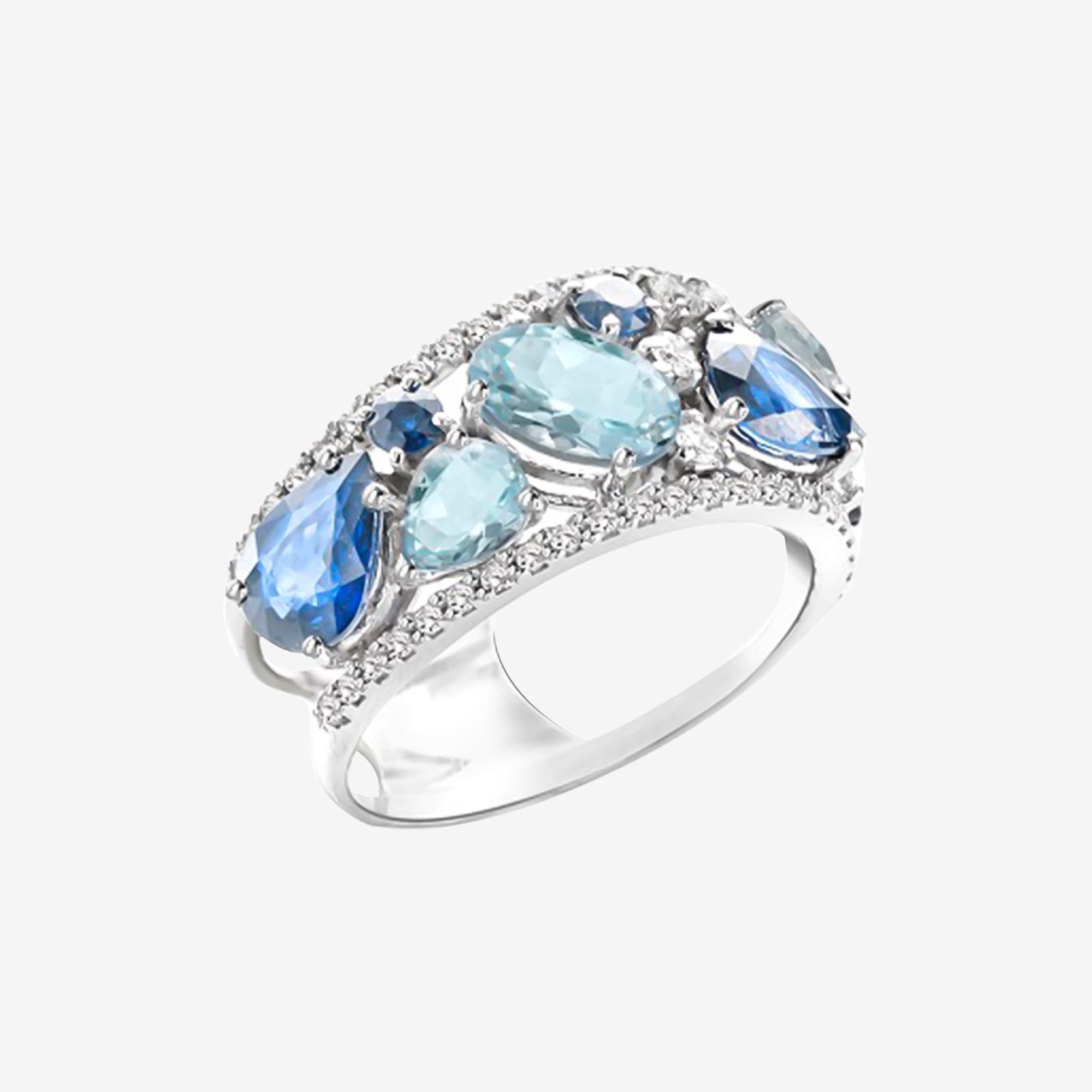Conglomerate Ring With Diamonds, Sapphires and Aquamarine